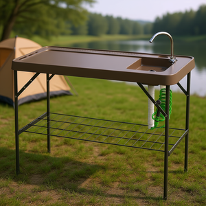 Table de nettoyage de poisson pliable d'extérieur avec évier, robinet, tuyau de vidange et étagère pour le camping, couleur beige - Product Image 2