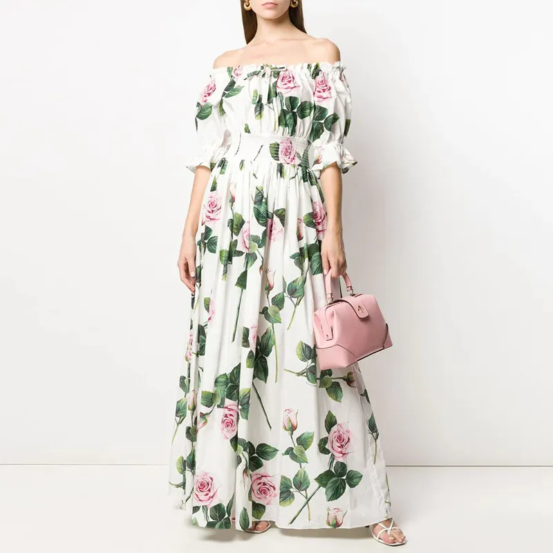 Лидер продаж 2022, Новое Элегантное женское пляжное летнее платье с принтом роз, вырезом лодочкой и рукавом до локтя от китайских производителей