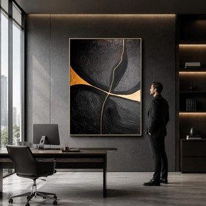 Quadro su Tela Personalizzabile Fatto a Mano, Arte Astratta Moderna Paesaggistica Testurizzata 3D Wabi Sabi, Dipinto Oro e Nero per Arredamento Hotel - Product Image 3