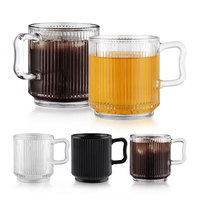 Tasses à café en verre côtelé de 300 ml, transparentes et noires, avec poignées, lavables au lave-vaisselle, verres à boire pour la maison et le bureau