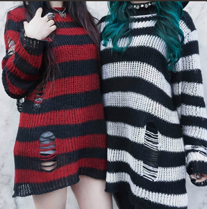 Punk <strong>Gothic</strong> Sweater Tops E-girls Mall Goth Pullovers Y2k Harajuku Grunge Clothes Alt Dark Aesthetic Striped <strong>Jumpers</strong> - Product Image 3