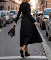 Robe de travail pour femme à col rond et manches longues, taille torsadée, noir pur, 100 % polyester, avec fente latérale