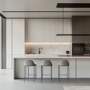 Grand système d'armoires de <span class=keywords><strong>cuisine</strong></span> moderne pour famille <span class=keywords><strong>avec</strong></span> lacquerie blanche et construction en contreplaqué, <span class=keywords><strong>îlot</strong></span> <span class=keywords><strong>central</strong></span> et mur de <span class=keywords><strong>rangement</strong></span> - Product Image 2