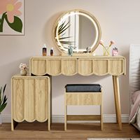Coiffeuse en bois festonné avec miroir LED rond et tiroirs de rangement, ensemble de coiffeuse avec tabouret pour la vente en gros