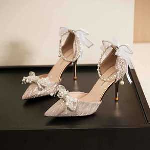Sandalias de Tacón Alto con Cadena de Perlas Florales, Punta Puntiaguda, Tacón de Aguja, Zapatos de Novia para Mujer con Decoraciones de Lazo - Product Image 2