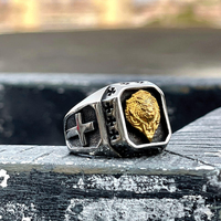Bague Tempusort en acier inoxydable plaqué or vintage avec tête de lion pour homme, idéale pour les fêtes et les anniversaires - Vente en gros de bijoux de mode