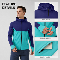 Veste de sport à capuche pour homme, blocs de couleur contrastés, fermeture éclair intégrale, 90 % nylon, 10 % élasthanne, respirante, coupe-vent, pour course à pied et fitness en extérieur