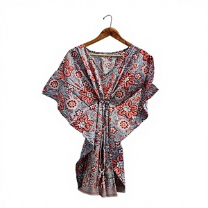 Block Print 100% Cotton Eco-Friendly Natural Waist Women's Boho <b>Kaftan</b> Dress Summer <b>Beach</b> Wear Nightwear - Product Image 1