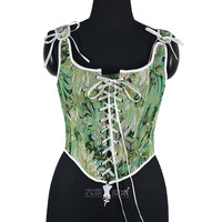 Offre Spéciale vert couleur Vintage avant à lacets fleur imprimé coloré poisson os mince court femmes Corset
