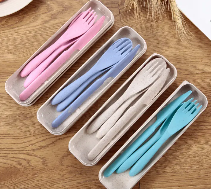 Portable Wheat Straw Cutlery Set with Box Reusable Durable Food Grade Kids Spoon And Fork Knife Set