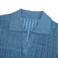 Großhandel Benutzerdefiniertes Logo Blauer Sommer Lässiger Kurzarm-Pullover mit Polokragen Leichter Slim-Fit Gerippter Leinen-Strickpullover für Damen