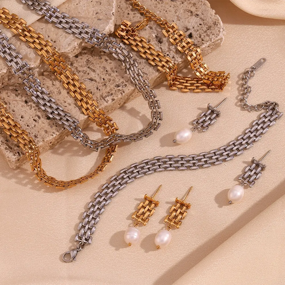 Set di gioielli con catena Chunky Watchband Set di orecchini con perle d'acqua dolce placcate in oro 18 carati joyeria de acero inoxidable