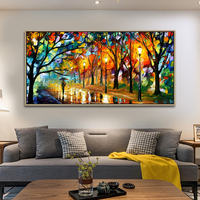 Peintures à l'huile sur toile abstraites d'arbres d'automne avec palette texturée 3D, art mural, paysage de rue nocturne sous la pluie
