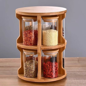 360 °   Rak Bambu Putar dengan Stoples Kaca Kedap Udara untuk Menyimpan Makanan, Rempah-rempah, Kopi, Teh, dan Gula di Dapur - Product Image 3