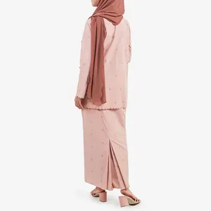Customize Eid Muslim Dress Women Abaya Kurung Model Baju Kurung Chiffon Embroidered Baju Kurung Malaysia Modest Set