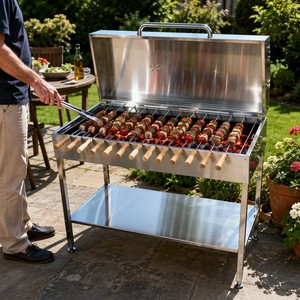Parrilla Cipriota de Lujo, Asador Griego para Exteriores de Acero Inoxidable, 15 Brochetas, Parrilla Giratoria Automática con Tapa, Combustible de Carbón/Leña, 3-5 Personas - Product Image 1