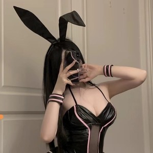 Golden Shuttle Weaving Fun Mirror Leather Bunny Ear <b>Headband</b> <b>Black</b> Party Costume Accessory Women Sexy Roleplay Cosplay Hat - Product Image 1