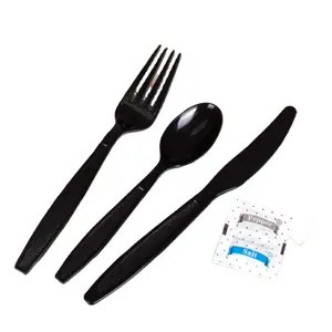 Restoran gereçler paketlenmiş sarılı siyah ağır plastik çatal bıçak kaşık tek kullanımlık spork plastik çatal ve bıçak