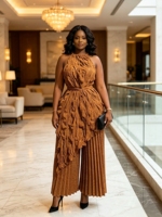 Ensemble pantalon plissé maxi élégant et décontracté pour femme, couleur unie, qualité supérieure, style africain original, grandes tailles