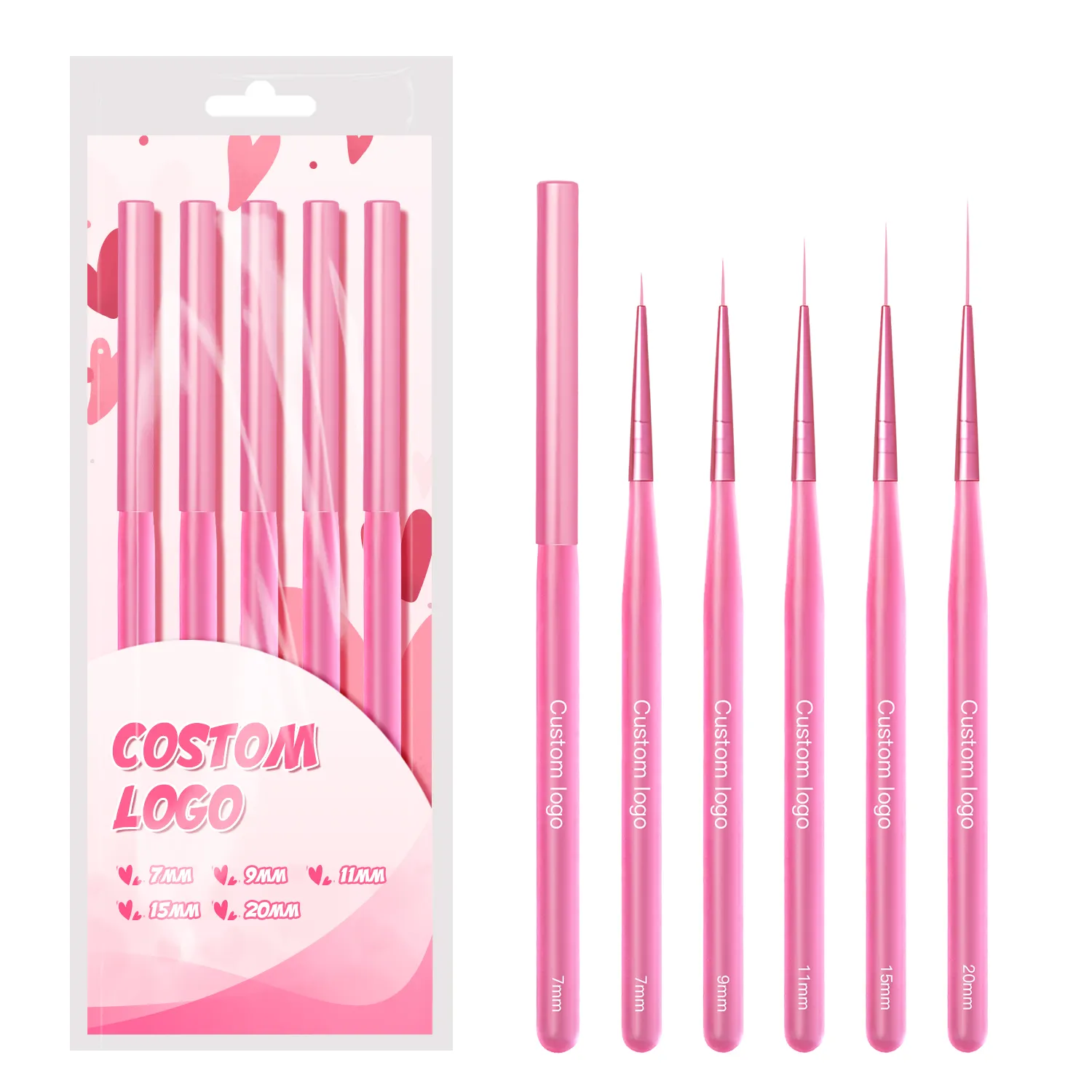 2024 Popular Nail art Brush set Nylon Hair Pink Acrylic Handle Nail art Detail Brush 5pcs set 7-9-11-15-20mm