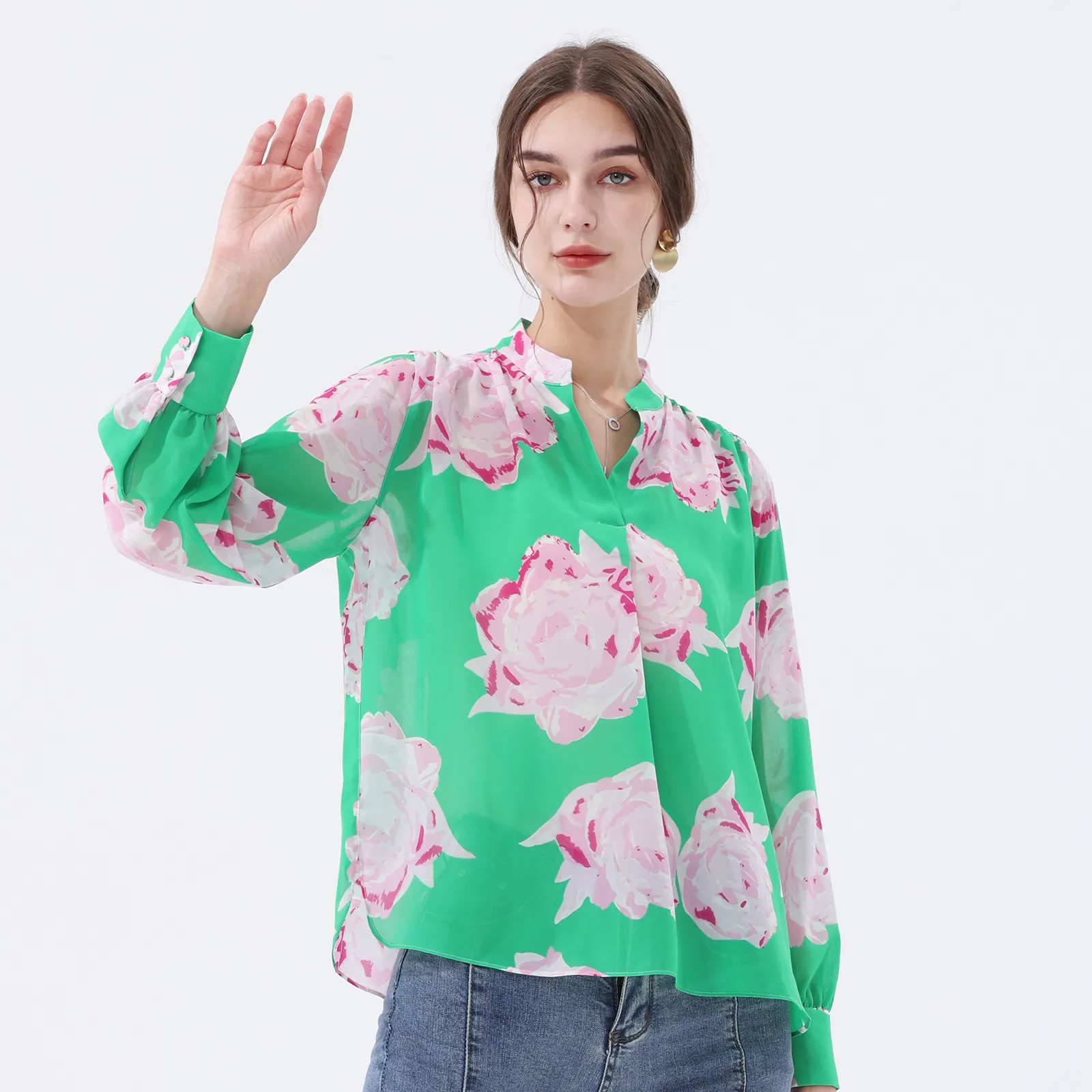 T-shirts de printemps personnalisés en gros chemisiers et chemises en mousseline de soie verte pour femmes