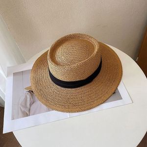 Fashion Elegant Wide Brim Women Unisex Beach Straw Boater <b>Hat</b> Wholesale Summer Holiday <b>Flat</b> Top Luxury Lifeguard Straw <b>Hat</b> - Product Image 5