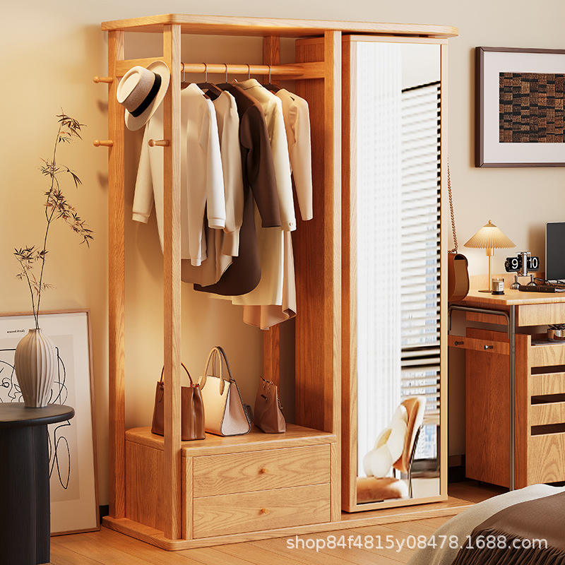 Estante de almacenamiento con espejo de cuerpo entero y percha de 100 cm, color madera natural.