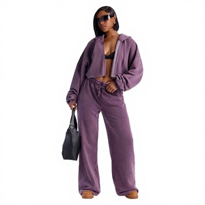 New Arrived 2026 Polyester/Cotton Casual <b>Women's</b> Crop Washed Hoodie <b>Baggy</b> Trouser 2 Piece Set Pleated <b>Women's</b> Sets - Product Image 1