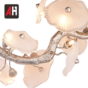 Lampadario Moderno Unico in Argento Anticato Fatto a Mano con Foglie di Loto e Rami, Altezza Regolabile, LED ad Alto CRI 95 per Soggiorno - Product Image 3