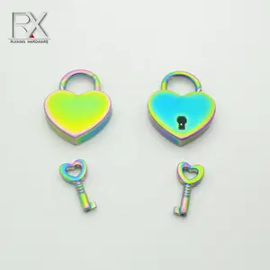 Rainbow color metal zinc alloy heart shaped padlock with key bag lock jewelry box love heart-shape lock clasps for handbag