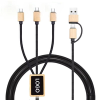 Câble de charge multi-prises en bambou tressé écologique, double entrée USB-A et Type-C, 3 sorties, avec éclairage LED personnalisé, cadeau promotionnel