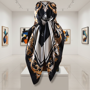 Nuovo <span class=keywords><strong>Foulard</strong></span> Quadrato da Donna 90x90 in <span class=keywords><strong>Seta</strong></span> Simulata Stile Barocco Stampato Sciarpa in Raso di <span class=keywords><strong>Seta</strong></span> Sciarpa da Donna Scialle <span class=keywords><strong>Nero</strong></span> Fazzoletto - Product Image 3