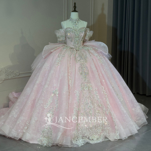 Xs317 Stunning Pink Sweetheart Cold Shoulder Crystal Vine Corset Bow <b>Glitter</b> Ball Gown Modern Floor-Length Quinceanera Dress - Product Image 5