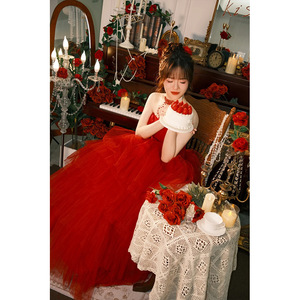 Strapless Red Tulle Ball Gown Wedding Dress Natural Waistline Vintage Style Bridal Toast Attire Studio Theme - Product Image 2