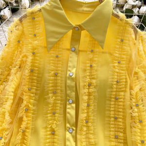 Blusa de manga farol plisada con incrustaciones de diamantes de alta resistencia para mujer, de un solo botón, a la moda - Product Image 5