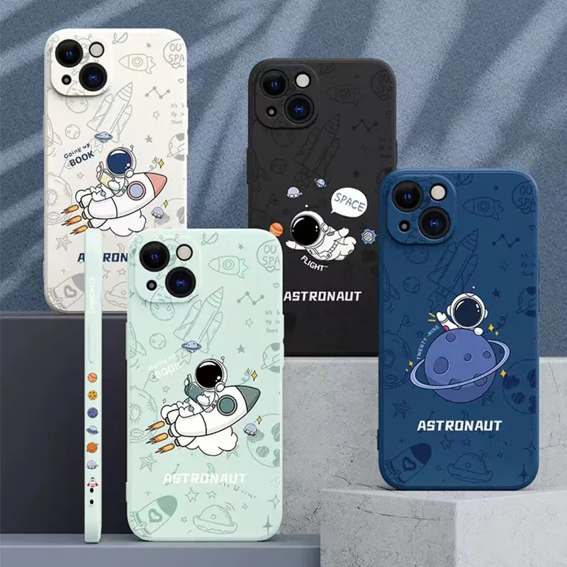 New Arrival Rocket Space Astronauts Moon Cartoon Liquid Silicone Phone Case Back Cover for iPhone 11 12 13 14 Pro Max