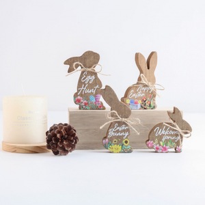 Ensemble de 4 décorations de Pâques en MDF en forme de lapin, faites à la main, décoration de printemps pour intérieur - Product Image 2