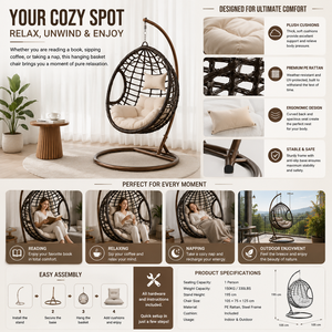 Fauteuil suspendu d'intérieur en osier, design œuf, avec support, style bohème moderne, pour chambre à coucher, décoration intérieure esthétique - Product Image 6
