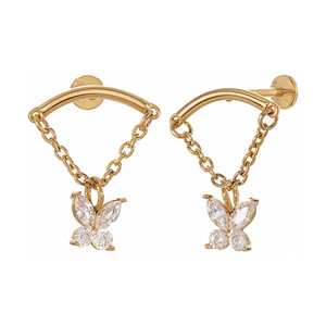 Piercing Labret a Farfalla con Catena CZ in <span class=keywords><strong>Acciaio</strong></span> <span class=keywords><strong>Chirurgico</strong></span> 316L Placcato Oro 18K PVD Impermeabile per Labbra e Cartilagine dell'Orecchio - Product Image 1