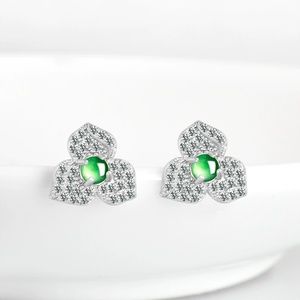 Natural genuine <b>jade</b> flower green <b>ring</b> in icy stone S925 silver set with a fashionable finger <b>ring</b> for women, ear stud set set. - Product Image 3
