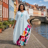 Robe longue africaine grande taille ample à boutons et col en V en coton pour femme, style Boubou, imprimé numérique, style Dashiki, robe de plage d'été – Vente en gros