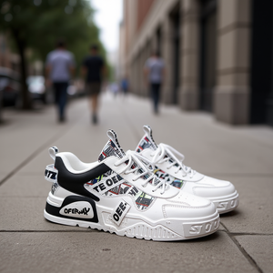 Nooesx Baskets décontractées pour hommes, blanc et noir, imprimé mixte, à lacets, bout rond, semelle en caoutchouc, tendance mode, toutes saisons, chaussures de marche - Product Image 2