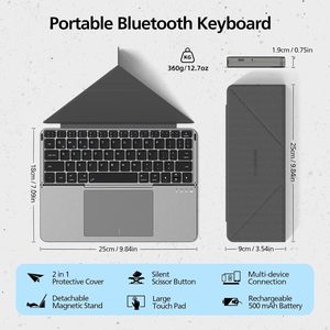 Clavier Bluetooth sans fil <span class=keywords><strong>rechargeable</strong></span>, fin et portable, pliable pour tablette, avec pavé tactile et support de protection - Product Image 2