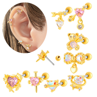 Boucle d'oreille Maina AB en acier inoxydable rose avec zircon en forme de cœur, bijou de piercing pour cartilage, motif nœud et ours, idéal pour mariage