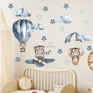 Pegatinas de <span class=keywords><strong>pared</strong></span> de globo de aire caliente de avión de dibujos animados de oso de peluche azul pegatinas autoadhesivas para habitación de niños <span class=keywords><strong>papel</strong></span> tapiz de PVC - Product Image 3