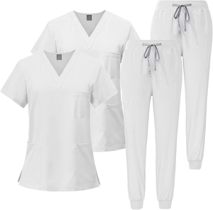 Conjunto de Blusa con Botones y Cuello Redondo y Pantalones de Jogging Ajustados con Cordón para Mujer, Ideal para Hospitales y Salones de Belleza - Product Image 1
