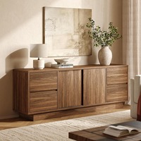 Meuble TV large en noyer pour téléviseur de 75 pouces, centre de divertissement en bois avec portes coulissantes, tiroirs et étagères réglables