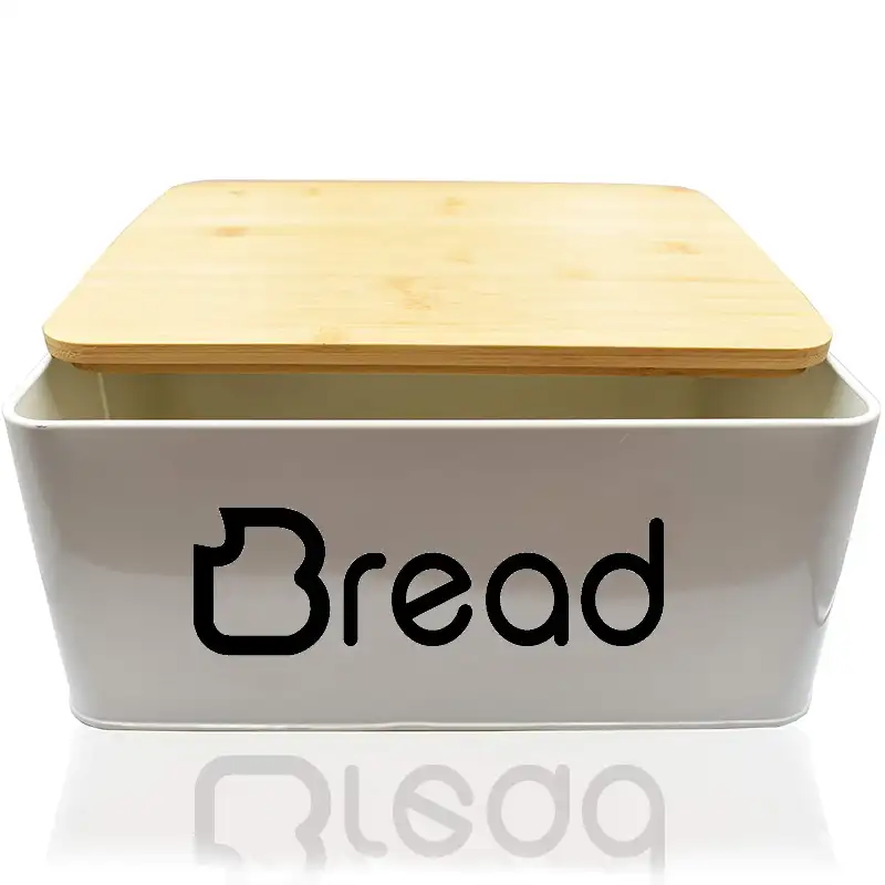 Caja de pan de cocina con tapa de bambú, contenedor de metal rectangular para almacenamiento de comida, pasteles recubiertos de polvo, 9,5l