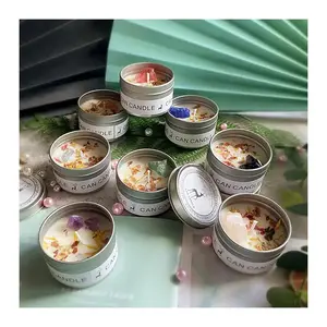 Shiyan Wholesale Luxury Custom Natural Dry Flowers Healing Crystal Scented Decorative Soy Tin Jar Wax Aromatherapy Candle