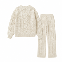 Ensemble deux pièces pull et pantalon en maille torsadée épaisse personnalisé, style Aran, ourlet côtelé, coupe décontractée, hiver, vente en gros OEM